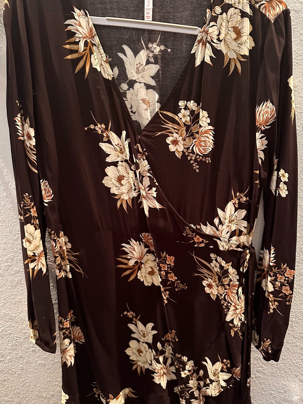 Xhilaration Brown Floral Wrap Tunic with Cream Blooms